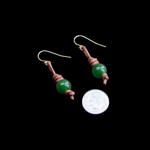 Jade Gemstones on Hand Knotted Soft Brown Leather Cord Earrings - Picture 4 of 7